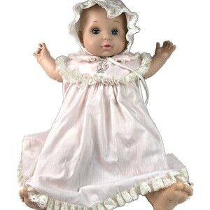 1979 Vintage Uneeda Doll Co Baby Doll  Bisque Sleep Eyes Pink Bingam Dress 18in